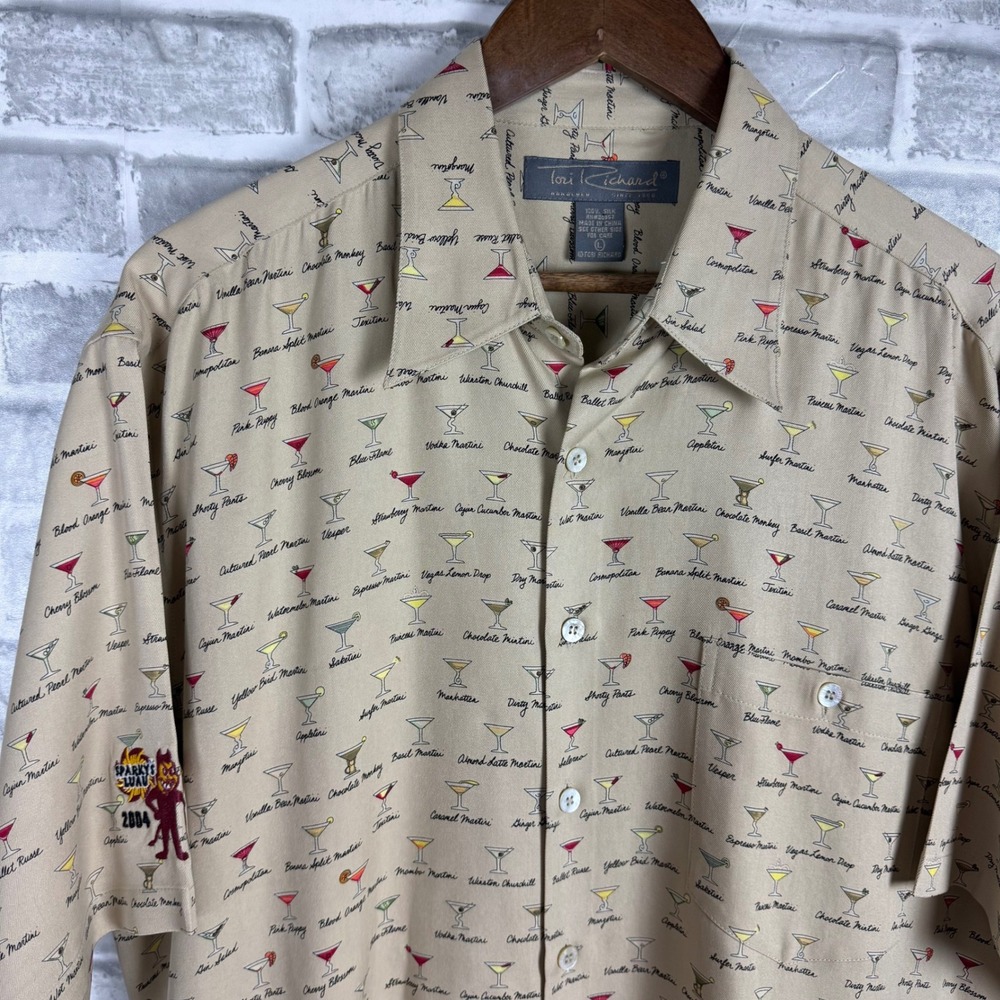 Tori Richard Silk Martini Glass Print Shirt Sparkys Luau 2004 Tan Mens Large